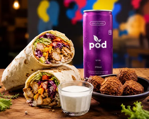 Wrap de frango cortado ao meio com recheio colorido, lata roxa de kombucha Pod sabor uva, tigela de falafel e potinho de molho de iogurte